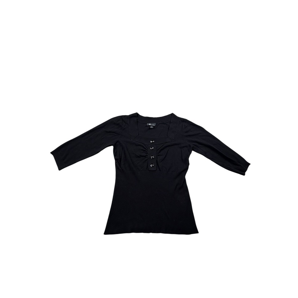 AB Studio Black Ribbed Knit Button Front Top 3/4 Sleeve Women's Medium